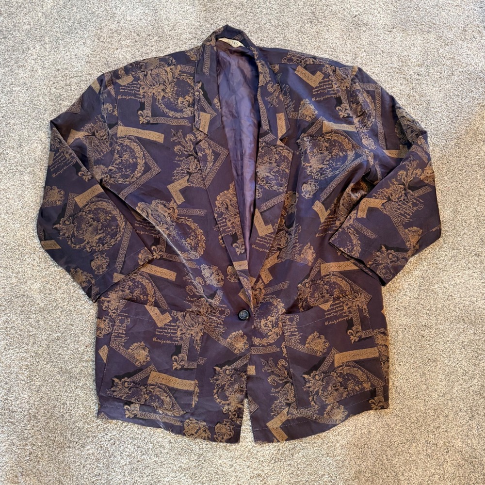 JNS Vintage Purple Gold Baroque Script Print Oversized Lightweight Blazer Jacket